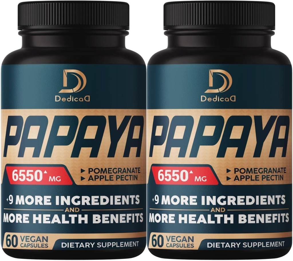 10in1 Pure Papaya Enzimi per Digestione 6550mg 4 Mesi di Sostegno Digestione, Immune & Body Health - Blended with Extracted Pomegranate, Apple Pectin, Ginger, Turmeric, Peppermint - 2 Pacchetti 60 Conti