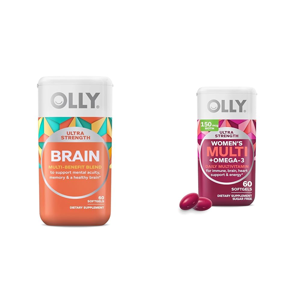 OLLY Ultra Strength Brain Softgels, Nootropic, Supporta la funzione sana del cervello, Memoria, Focus & Ultra Women's Multi Softgels, Salute generale e supporto immunitario, Omega-3s, Ferro, Vitamine A, D