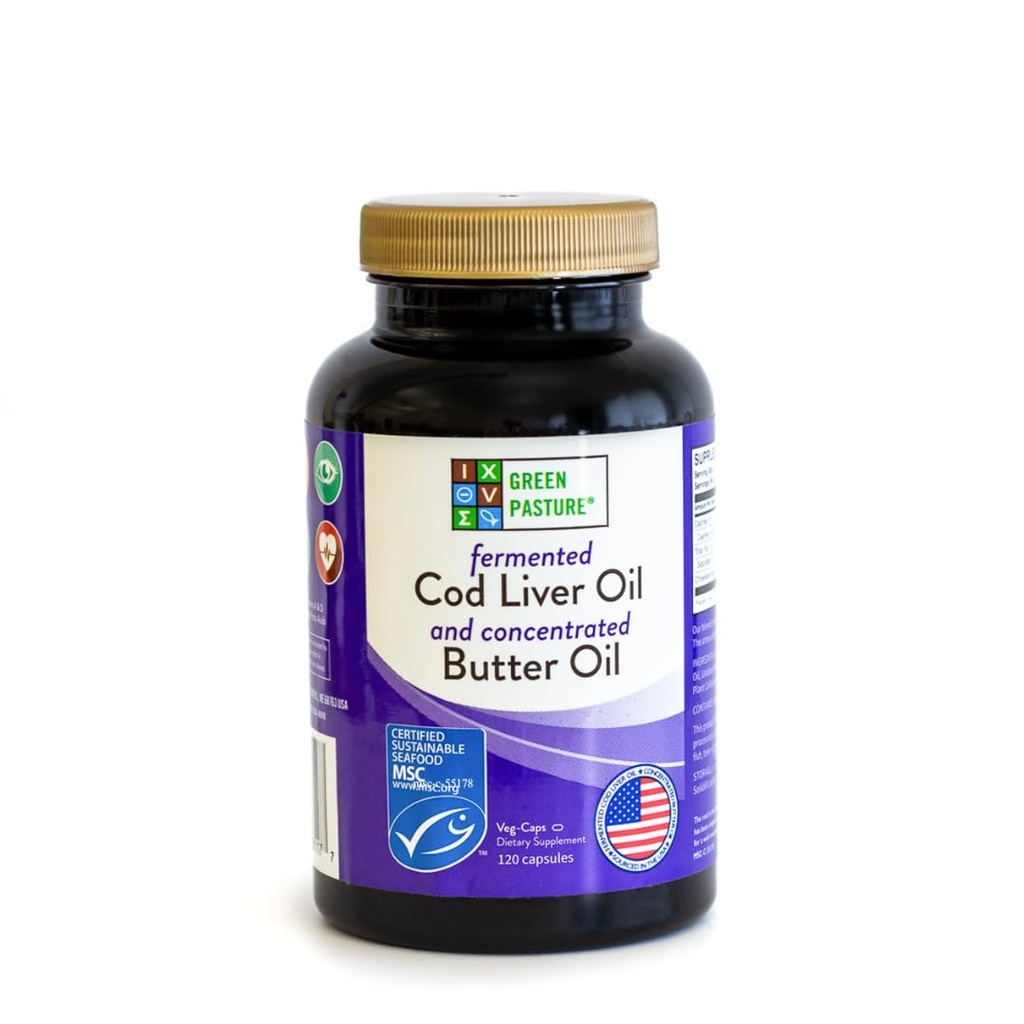 Green Pasture Fermented Cod Liver Oil & Butter Oil Blend - Wild Alaska Cod, Vitamins A & D, Omega-3-6-9, MSC Certified, 120 Capsules