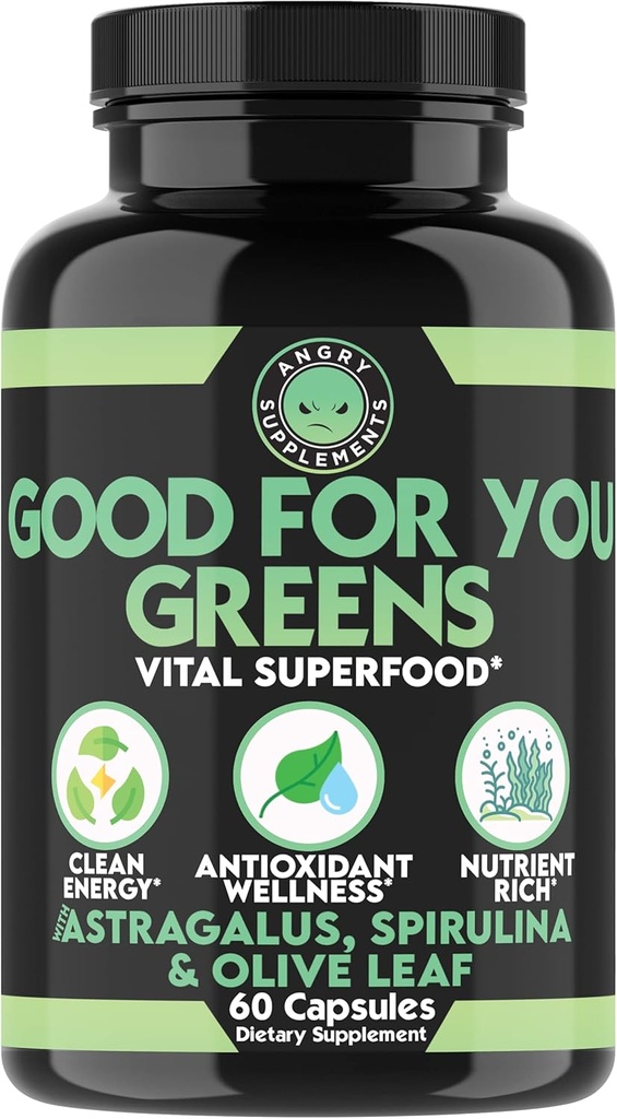 Angry Supplements Buon per voi Verdi, Vital Green Super Food Blend per il supporto immunitario Booster Formula, Infuso con Spirulina, Astragalus Root, e Estratto di radice di foglia d'oliva (1-bottiglia)