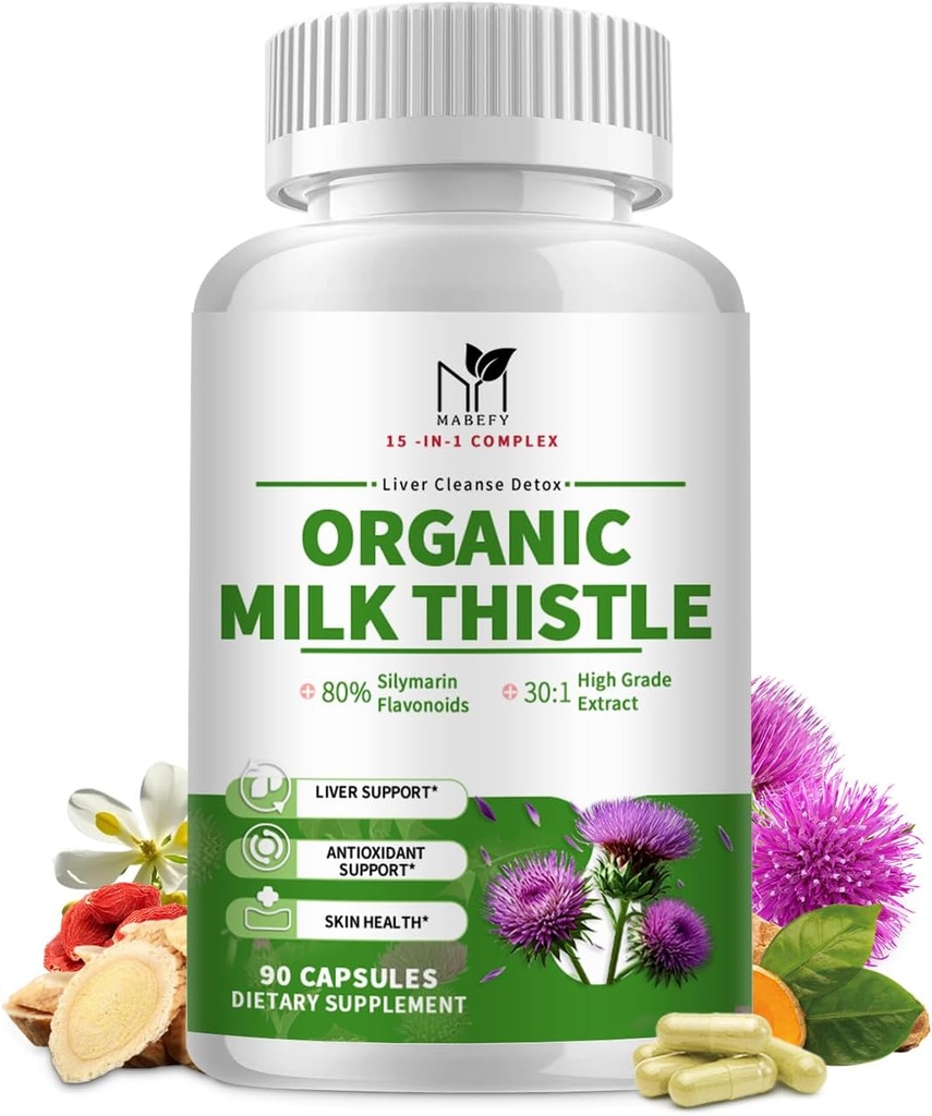 Bio Milk Thistle Liver Detox Supplement - 15-in-1 Formel mit Silymarin, Antioxidantien, & Kräutermischung - 90 Kapseln