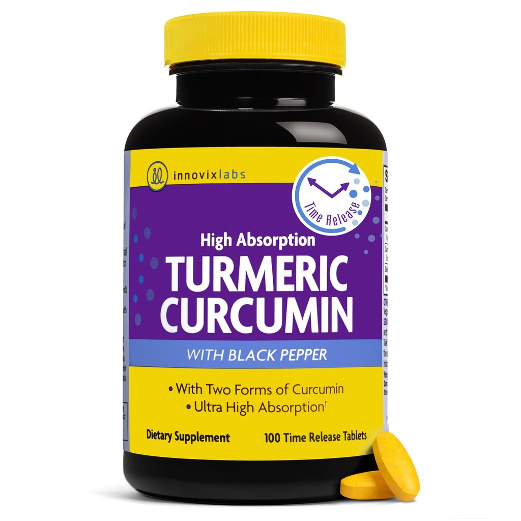 InnovixLabs Curcumine curcumine avec extrait de poivre noir - Suppléments de curcumine et de curcumine à haute absorption avec complexe C3 BioPerine, C3 Reduct & Curcumin - 100 comprimés à libération temporelle