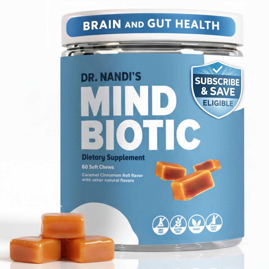 Dr. Nandi MindBiotic Brain & Digestive Health Supplement - KSM-66 Ashwagandha, Probiotics & Prebiotics - Supporti Memoria, Focus, Energy & Gut-Brain Connection - 300MG - 60 Caramel Cinnamon Chews