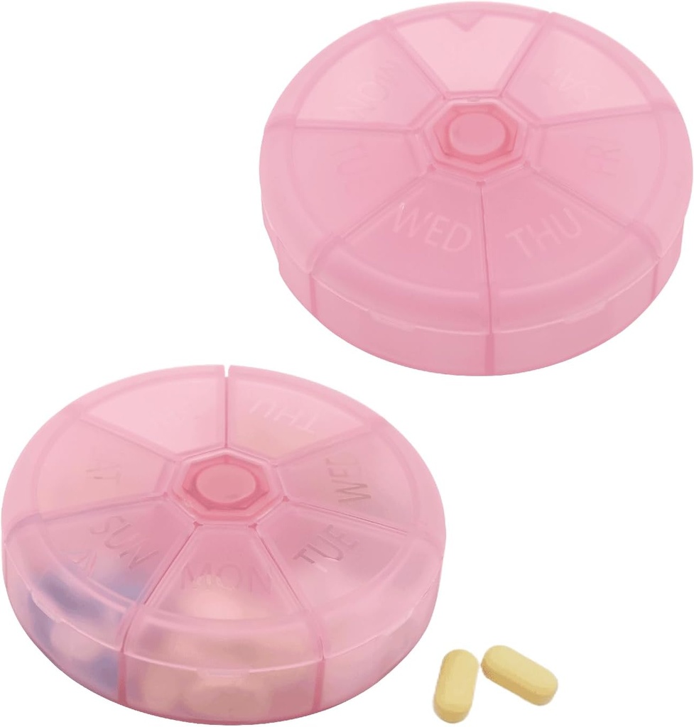 Portable Weekly Pill Organizer 7 Day Pills Container, Rotondo Pill Case Travel Friendly, Daily Week Pill Reminder Case, BPA-Free Vitamin, Supplemento, Fish Oil, Medication Planner (Pink)