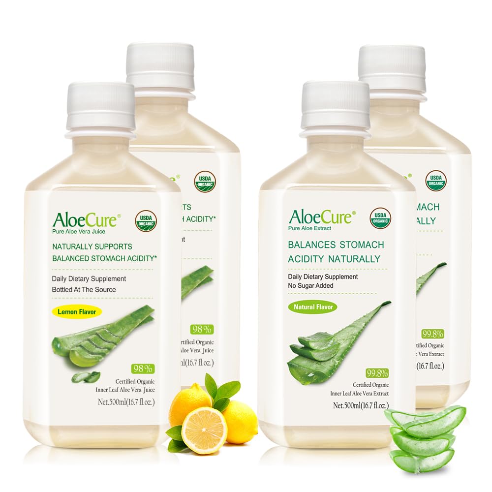 AloeCure Organic Aloe Vera Juice - 4 Bottle Sample Pack - Lemon & Natural Flavor, 4x500ml