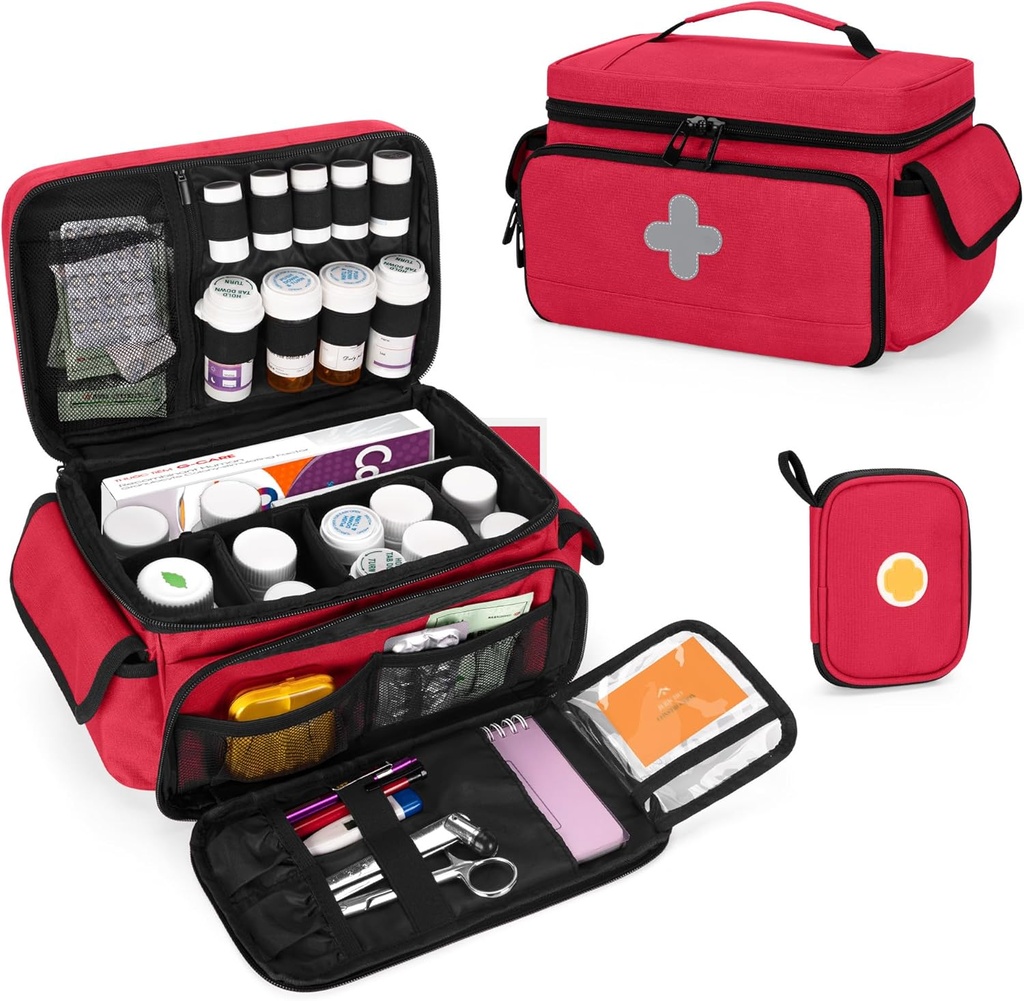CURMIO Medicina Storage Bag vuoto, bloccabile Pillola Bottiglia organizzatore con portatile Pantaloni con cerniera per kit di pronto soccorso, scatola di medicina per casa e viaggio, rosso (Pending del brevetto)