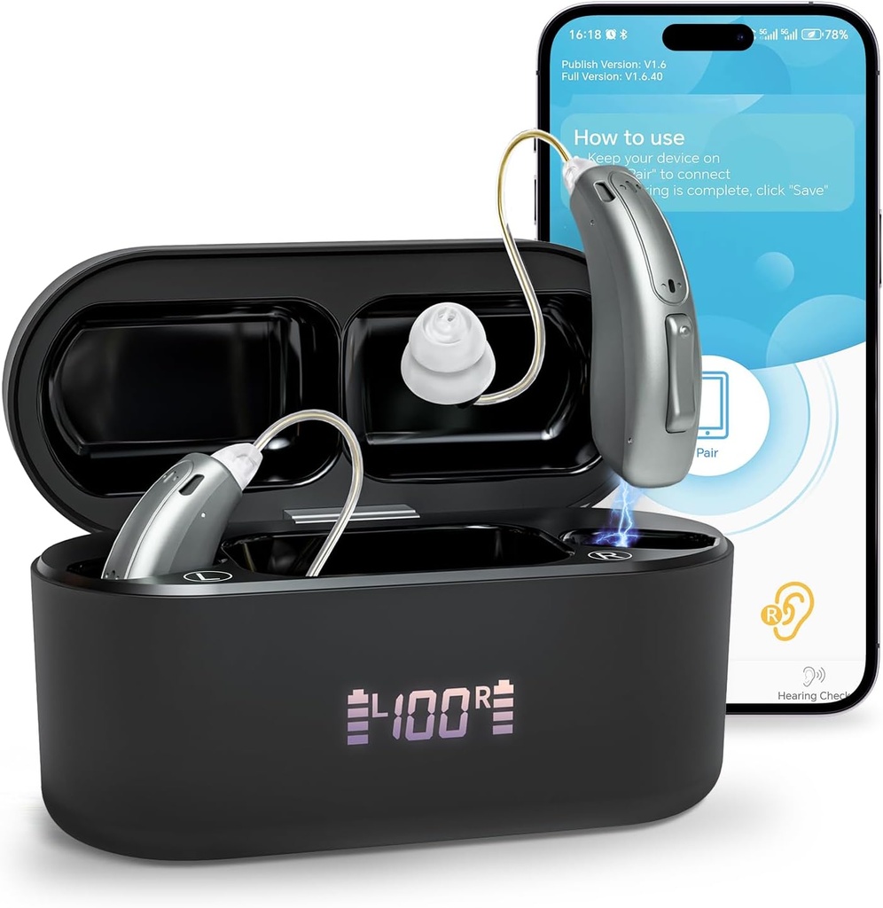 Hörgeräte (nicht Verstärker), Bluetooth wiederaufladbare Hörgeräte für Senioren Erwachsene, Superior Sound Quality OTC Smart Hearing Aid with Noise Cancellation, Bluetooth Enabled & App Control, 4 Modi