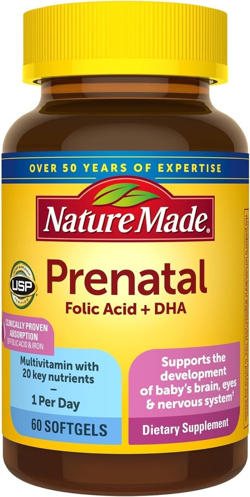 Nature faite vitamine prénatale + softgels DHA avec acide folique, iode et zinc, 60 Compte