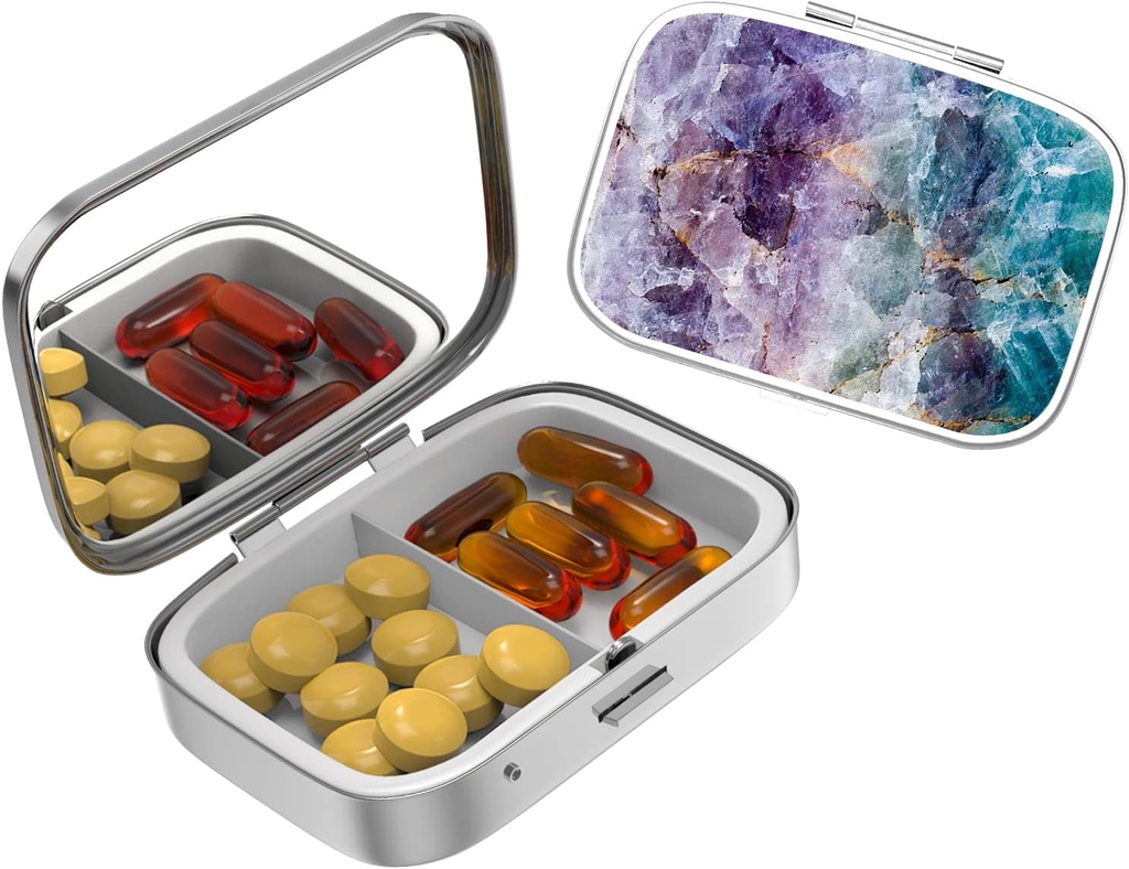 Süße kleine Pillen-Gehäuse für Taschen & Geldbörsen,Elegante Pille Box macht ein großes Geschenk,2 Compartment Reisemedizin Organizer speichert Progesterone, Kapsel Pillen, Ibuprofen,Vitamins-Bronze Lila Marmor