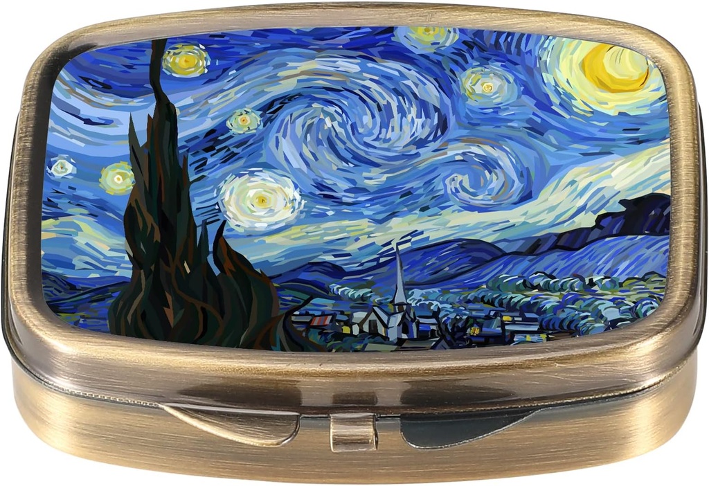 Dynippy Pill Case Pill Box with Mirror Retro Pocket 2 Compartment Medicine Case Vitamin Pill Organizer for Pocket Purse and Travel (A-Van Gogh The Starry Night)