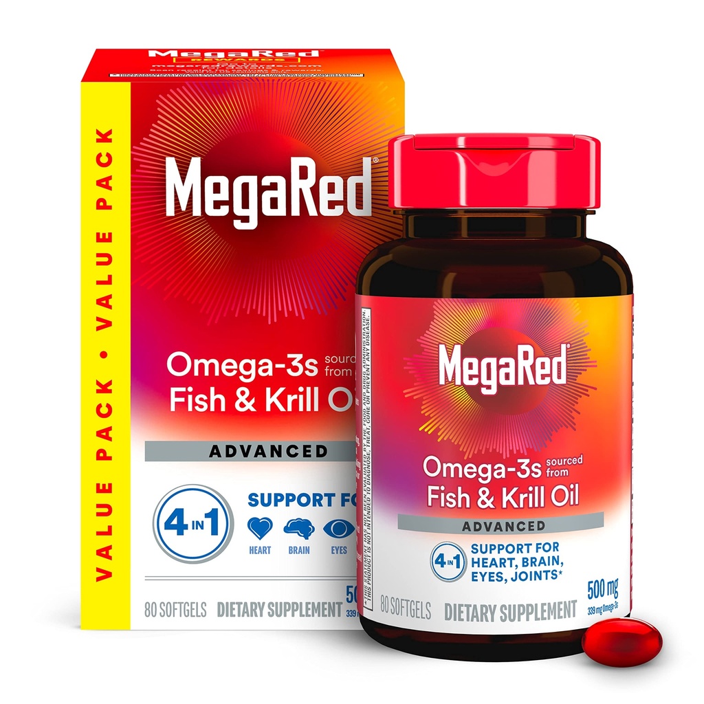 Megared Omega-3 Fish Oil + High Absorption Krill Öl 500mg Softgels, MegaRed Advanced 4in1 (80 Anzahl in einer Flasche) Konzentrierte Omega-3 Fish & Krill Oil Supplement