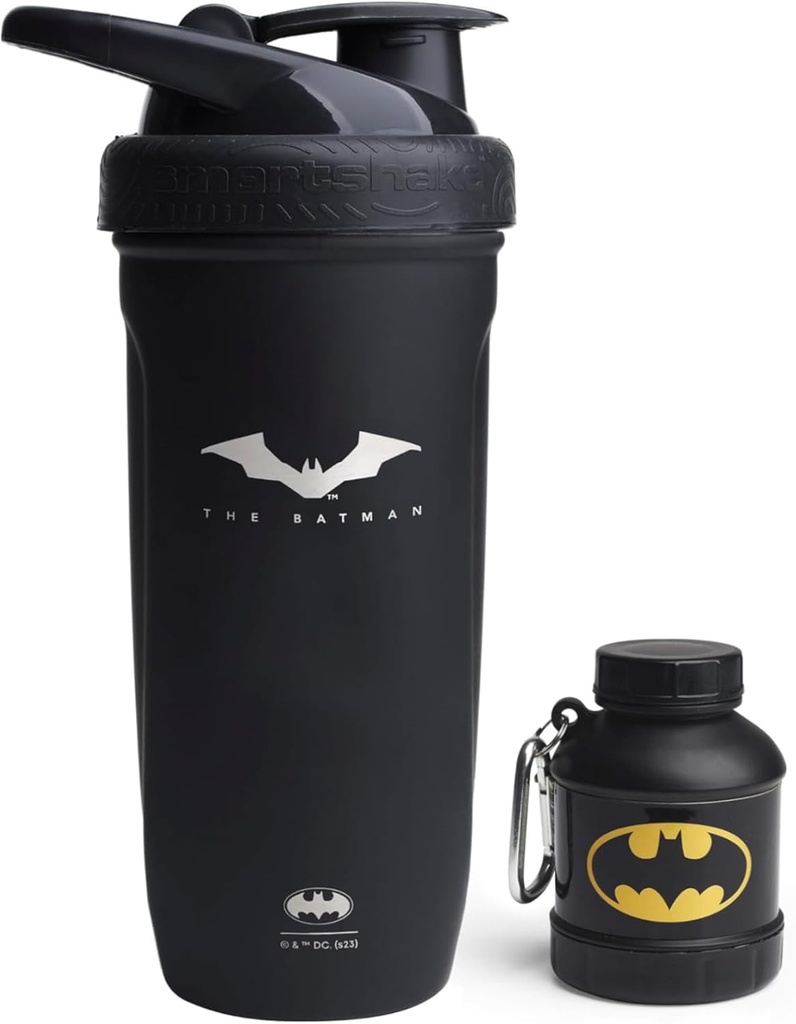 Smartshake DC Comic Bundle - Batman Protein Shaker Bouteille – 900ml agitateur d'eau en acier inoxydable étanche avec entonnoir de stockage en poudre de protéines 50g