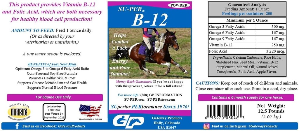 SU-PER B-12 Energy Horse Supplement - Equine Vitamine B-12 & B-9 Folic Acid Support Powder - 12.5 Pfund, 6 Monate Versorgung