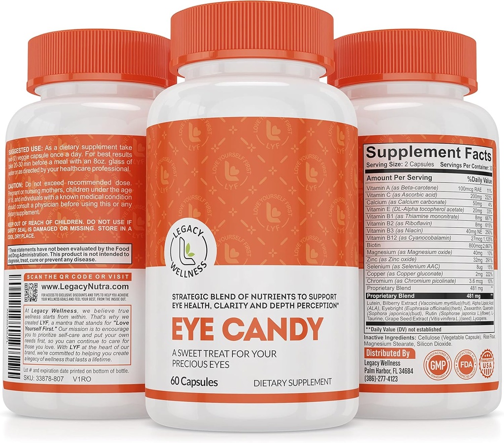 Vermächtnis Wellness Eye Candy Eye Vitamins mit Lutein, Zeaxanthin, Kalzium, Biotin, Kupfer, Zink Pillen + unterstützt Vision Gesundheit in Altern Erwachsene + Augen Strain von zu viel Bildschirmzeit, Dry Eye Supplements