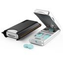 Cutter à pilules avec dispositif de centrage automatique, Splitter à pilules en aluminium avec lame inoxydable 316L, boîtier en cuir véritable, Splitter à pilules professionnel pour couper de petites pilules ou de grandes pilules (argent)