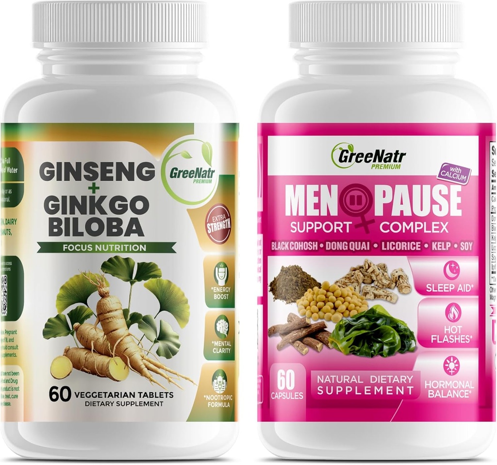 Solutions optimales de bien-être: soutien à la ménopause à base de plantes et Ginseng + Ginkgo Biloba Energy & Brain Focus Booster pour les hommes et les femmes