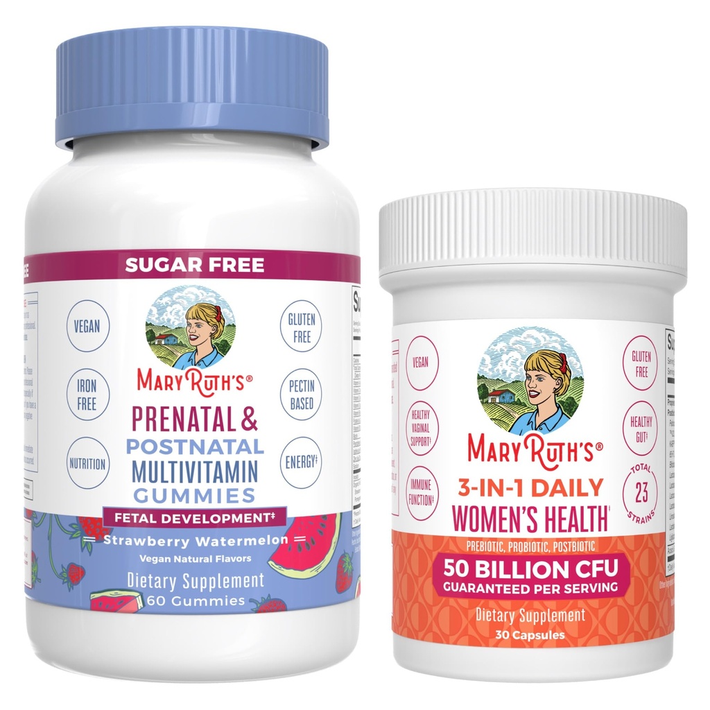 MaryRuth Organics Prenatal Postnatal Multivitamin Gummies (Strawberry) & Women's 3-in-1 Daily Probiotic Capsules | Clean Label Project Verified® | Stilling & Gut Health | Vegan, Non-GMO