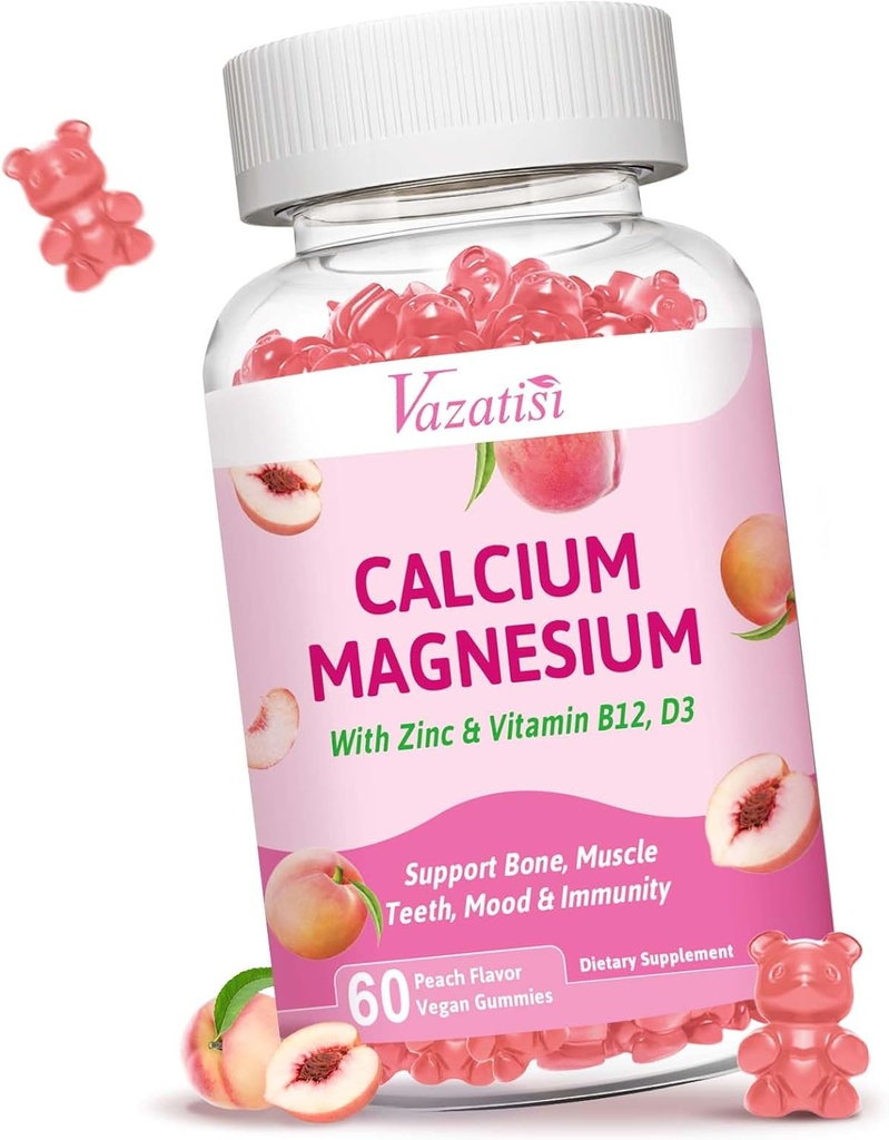 Calcio Magnesio Zinco Gummies con Vitamina D3 B12, Integratori di Calcio per Uomini Donne, Peach Flavor 60 Cts