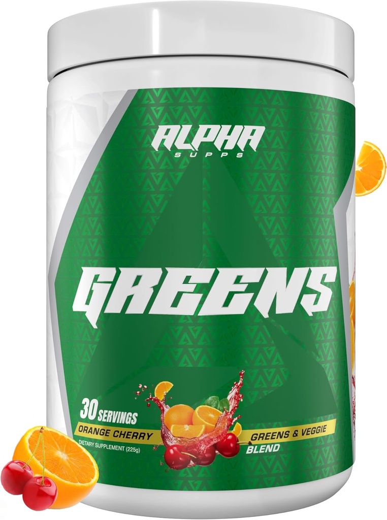 Alpha Supps - Alpha Greens Supplement | Frutta e Verdura Superfood Powder | Oltre 40 ingredienti naturali basati sulle piante | Prebiotici & Probiotic Digestive Support Blend - 30 Serve (Orange Cherry)