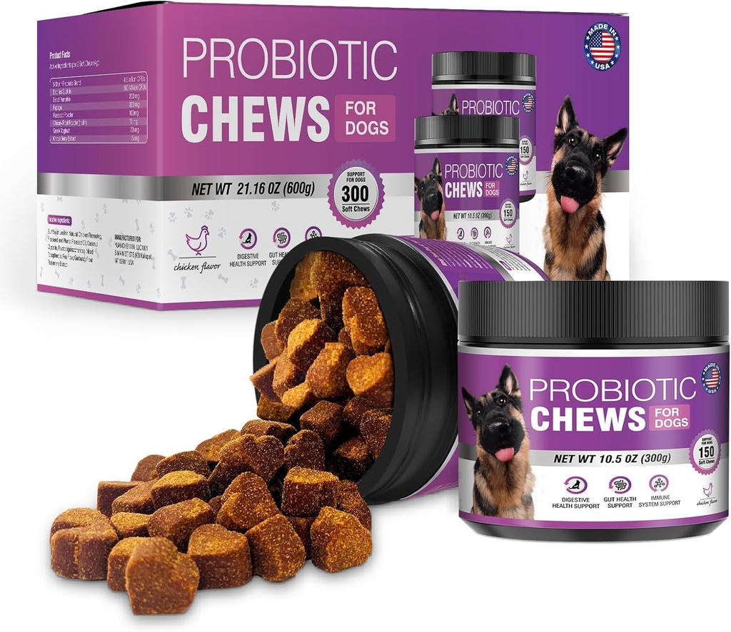 Probiotici per cani Probiotici Cuciture e enzimi digestivi Prebiotici Salute Gut Itchy Probioticos Pelle che prurito Diarrea Chew Supplementi Canina Pet Prebiotici 200 Natural Soft Chewable Tablets