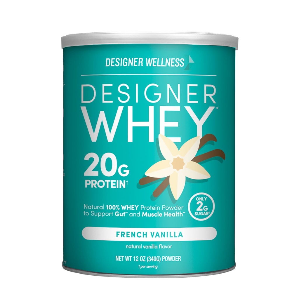 Designer Wellness Designer Whey naturale 100% Whey Protein Polvere con Probiotici, Fibra e chiave B-Vitamins per energia, senza glutine, non OGM, Vaniglia francese 12 oz