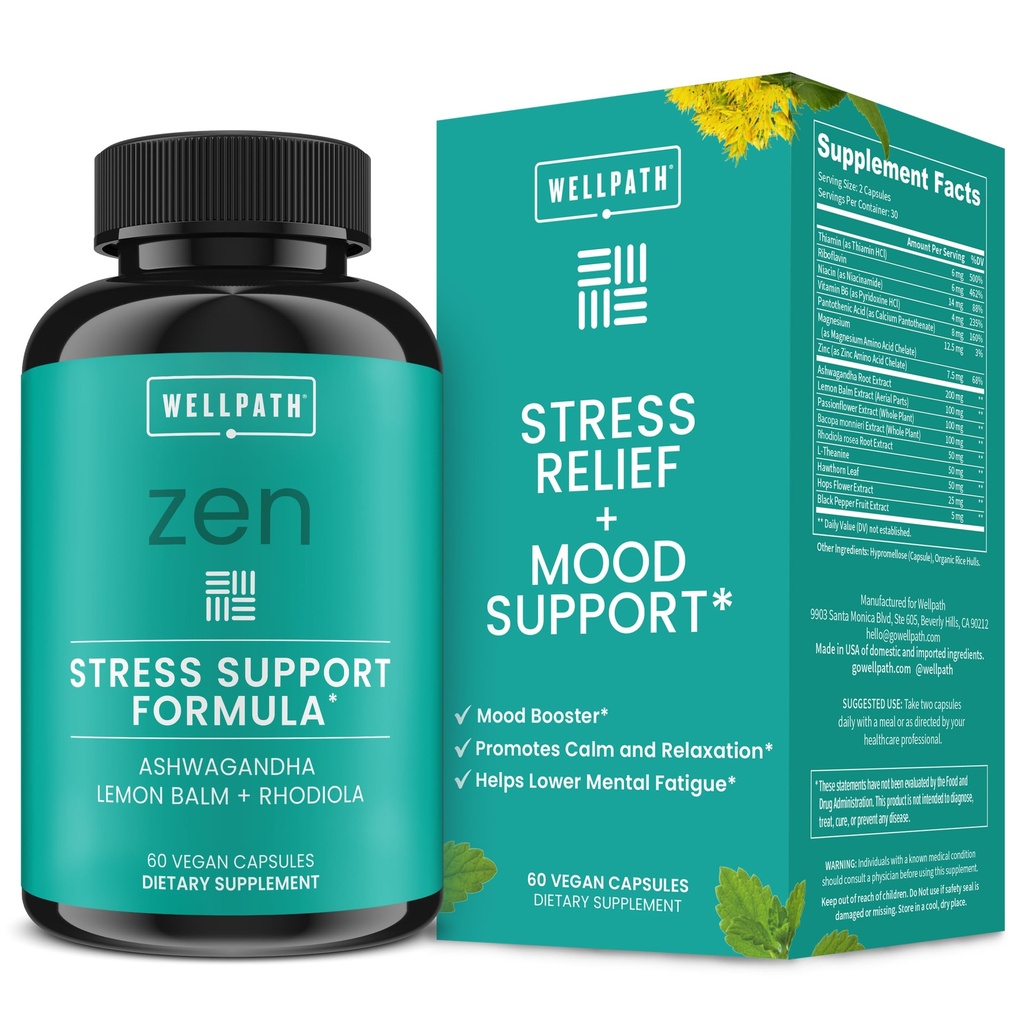 WellPath Zen Stress Relief Supplement + Support de l'humeur : calme, stress et énergie Support de l'ashwagandha Racine, Rhodiola Rosea, L-Theanine, Lemon Baume, 60 Ct