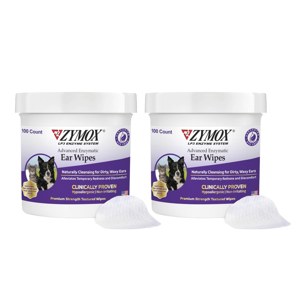 Zymox Advanced Enzymatic Ear Wipes für Hunde und Katzen - für Dirty, Waxy, Smelly Ears - Premium Strength Ear Cleaner Wipes - Nicht-Irritating - Allergiker (100 Count-Pack von 2)