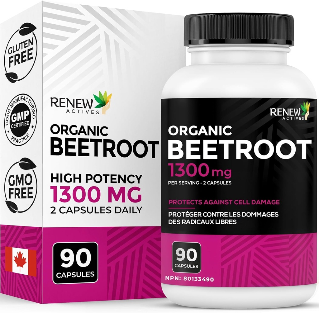 Renew Actives Organic Beetroot Supplement 1300MG per 2 Capsules - Pure Beetroot Powder for Circulation, Natural Energy, & Antioxidant Benefits - High-Potency Superfood, Made in Canada - 90 Capsules