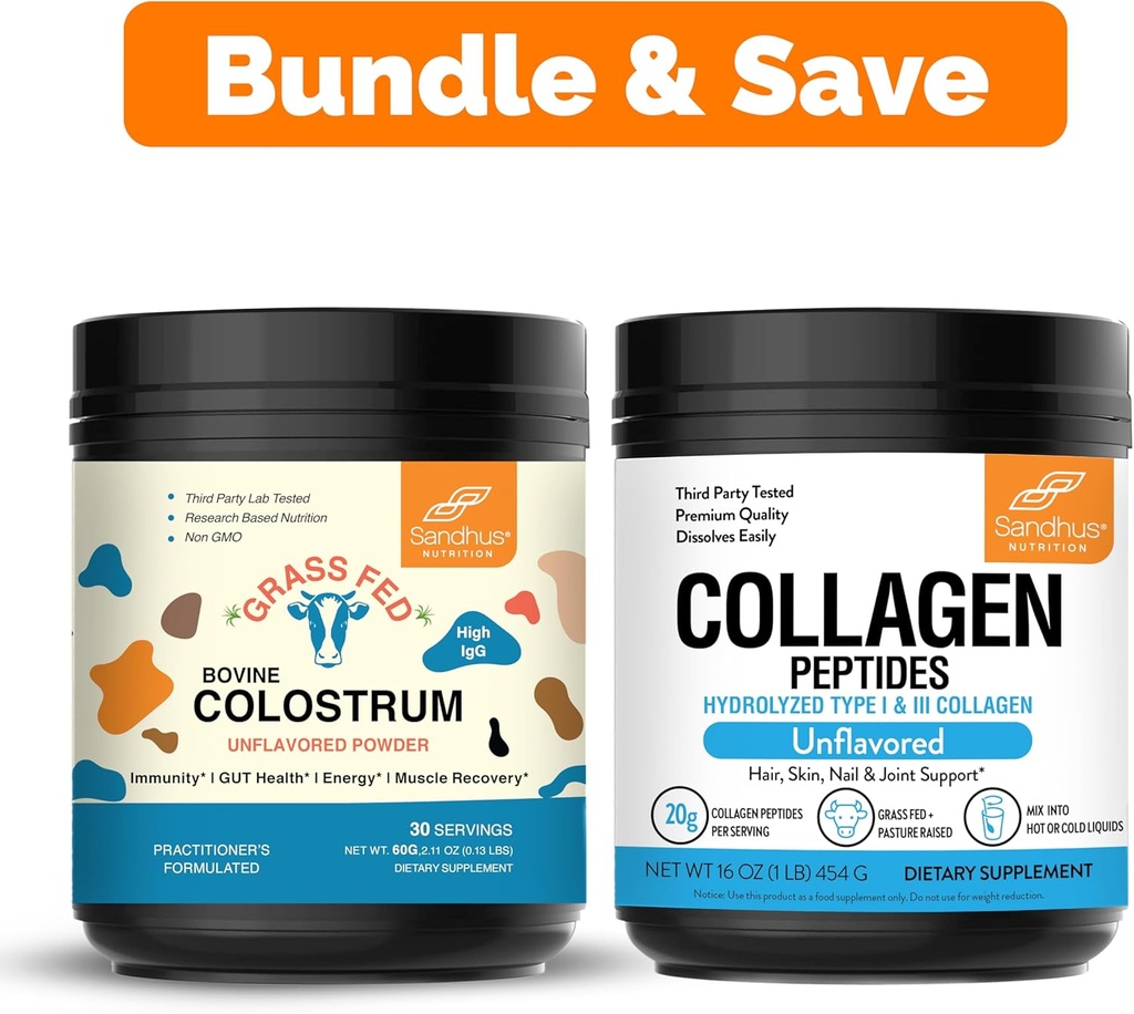 Sandhu's Pure Bovine Colostrum Powder Supplement für Mensch & Collagen Peptide Powder| Immune, Haar, Haut, Nagel und Joint Health Support| Non-GMO