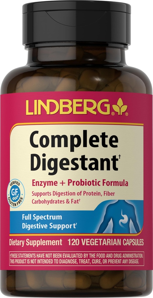 Formule multienzymes complète de Digestant de Lindberg avec Pancréatine et chlorhydrate de Bétain, 120 capsules