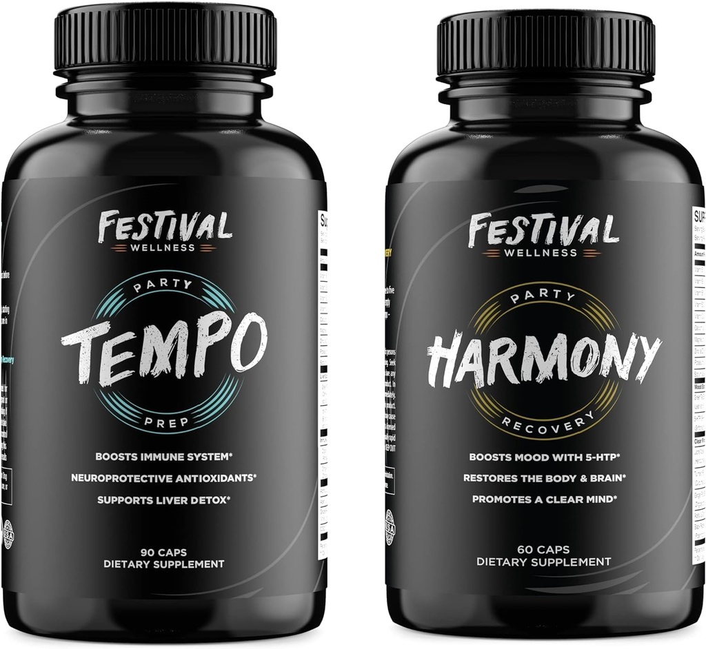 Tempo & Harmony | Festival, Rave & Party Prep + Recovery Wellness Bundle | 5-HTP, Antiossidanti, Vitamine Rave, Supplemento Festival, Neccesità Rave, Ingranaggio Festival, Rave On, Rave Gear, Assistente Fest