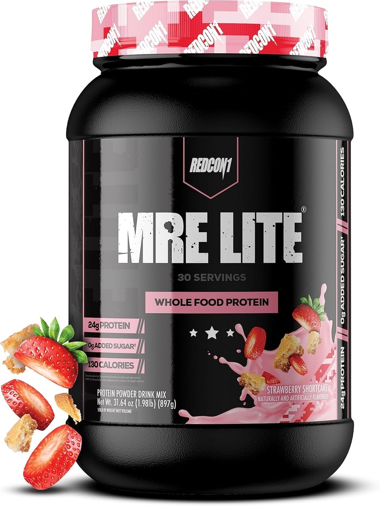 REDCON1 MRE Lite poudre de protéines alimentaires entières, shortcake fraise - faible teneur en glucides et en lactosérum substitut de repas sans protéines animales - supplément facile à digérer fait avec des huiles MCT (30 portions)