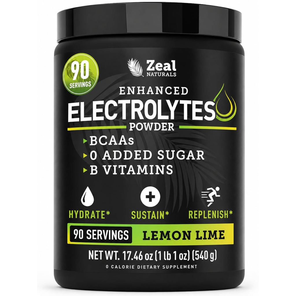 Zeal Naturals Electrolyte Powder Recovery Drink (90 Servings | Lemon Lime) w 0 Zucchero +BCAAs +B-Vitamins Electrolyte Supplement w Potassium Zinc & Magnesium per l'idratazione - Keto Electrolytes