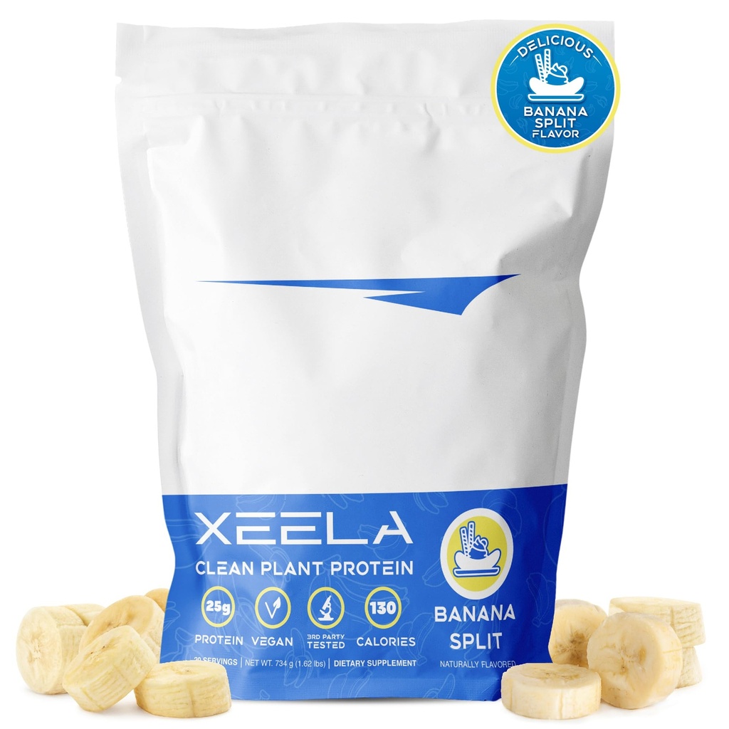 XEELA Plant Based Vegan Protein Powder - Unabhängig getestet - 25g High Protein, Pea Protein für Männer & Frauen - Vitamine & Minerals, Non GMO, Dairy & Gluten Free, LowCarb & LowFat (Banana Split)