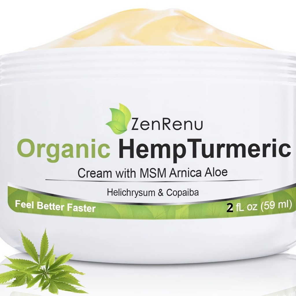Zenrenu Organic Hemp Turmeric Joints & Muscle Cream con Arnica, MSM, Estratto di olio di canapa, & 7 oli essenziali - Non Greasy & Fast Absorbing per la schiena, Neck, Elbows, Knees, & Hip 4 oz