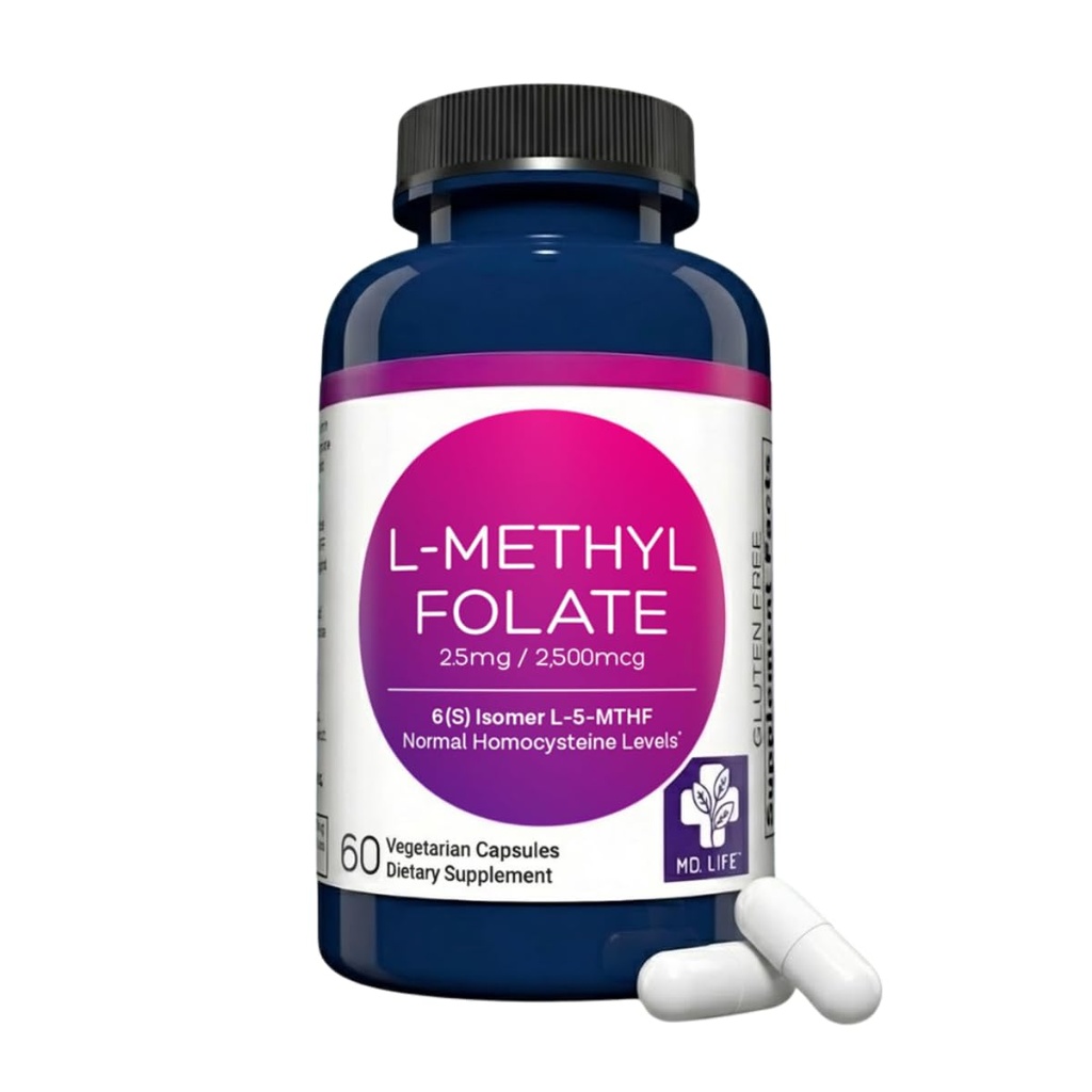 MD Life L-metilfolato 2.5 mg Supplemento - Professional-Grade Active L Methylfolate Supplement - 60 capsule - L-metilfolato 2.5mg - Massima potenza MTHFR W/Aminoacidi essenziali
