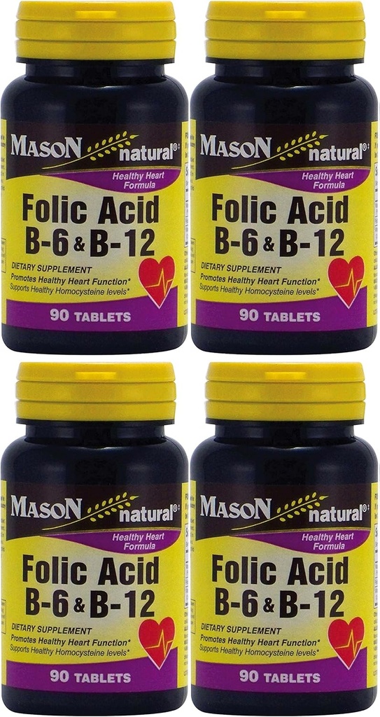 Mason Vitamins Folic Acid B-6 & B12 Heart Health Formula 90 compresse per Bottiglia Confezione da 4 Totale 360 compresse