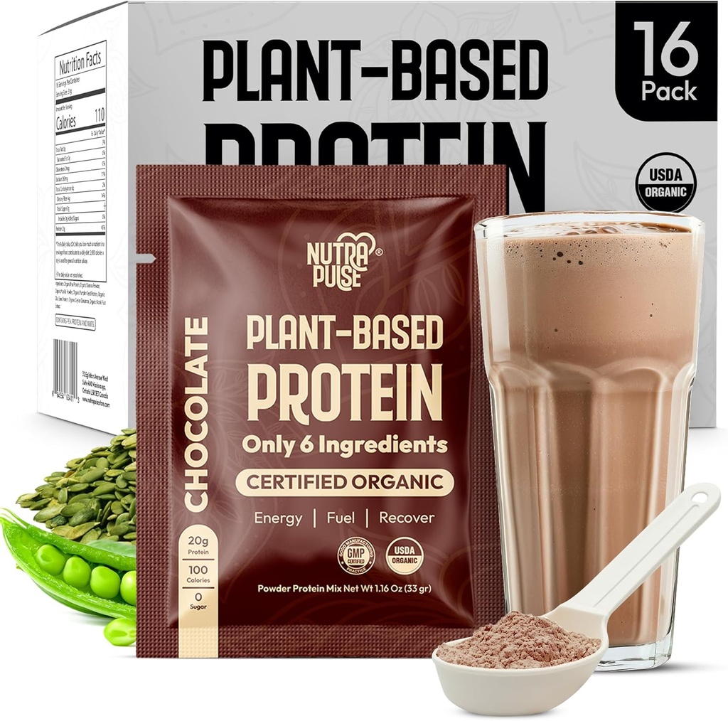 Organic Vegan Protein Powder Sample Pack - Pflanzenbasiertes Protein, Glutenfrei, Non GMO, 20g Protein Per Serving, Great for Smoothies & Shakes (Chocolate, Pack of 16)