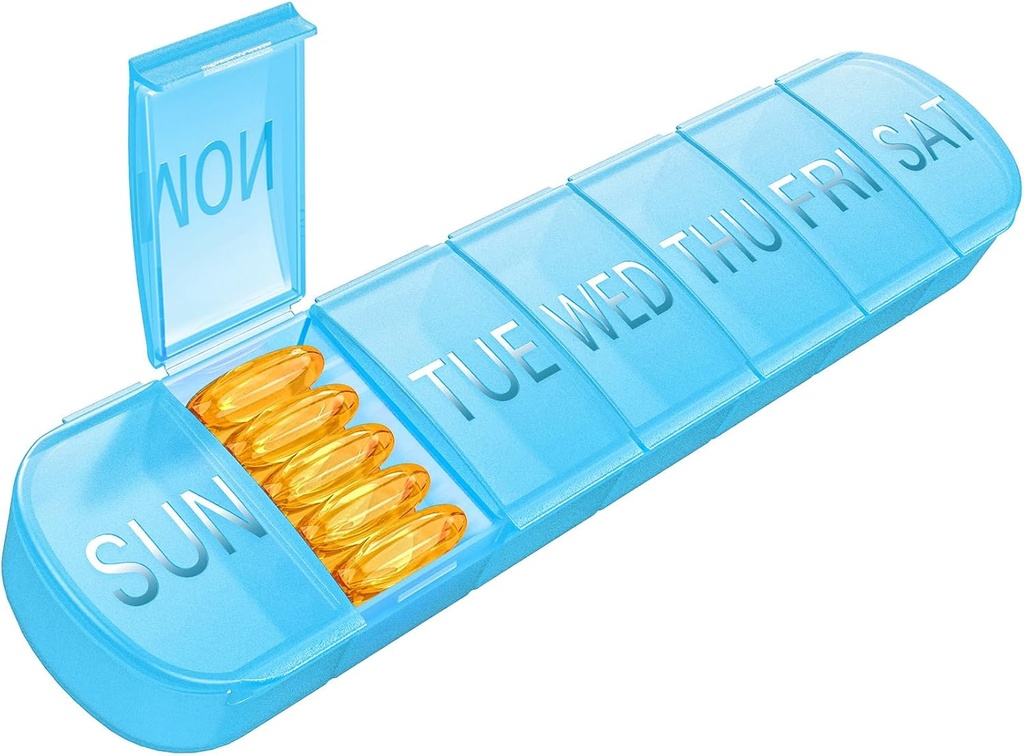 Organisateur hebdomadaire de pilules 1 fois par jour, boîte à pilules de voyage 7 jours Extra gros compartiments Porte-vitamine, contenant quotidien de pilules 7 jours XL Distributeur de médicaments pour l'huile de poisson cas (bleu)