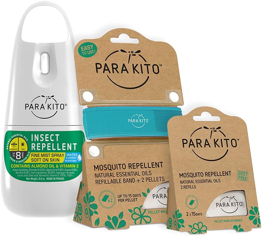 PARAKITO Mosquito, Insect & Bug Spray Bundle - Include Spray, Turquoise Wristband & 4 Refills | DEET Free, Citronella Essential Oils, Perfetto per Camping, Escursionismo, Attività all'aperto di viaggio