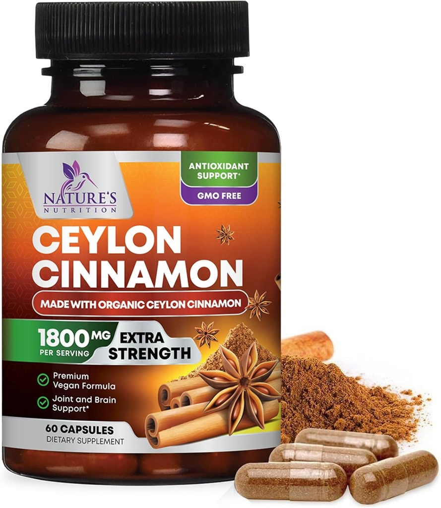 Organic Ceylon Cinnamon Supplement 1800mg - Certified Organic Ceylon Cinnamon Powder Pills - Energy & Heart Support for Women & Men, Bottled in USA, Antioxidant, Gluten Free, Non-GMO - 60 Capsules