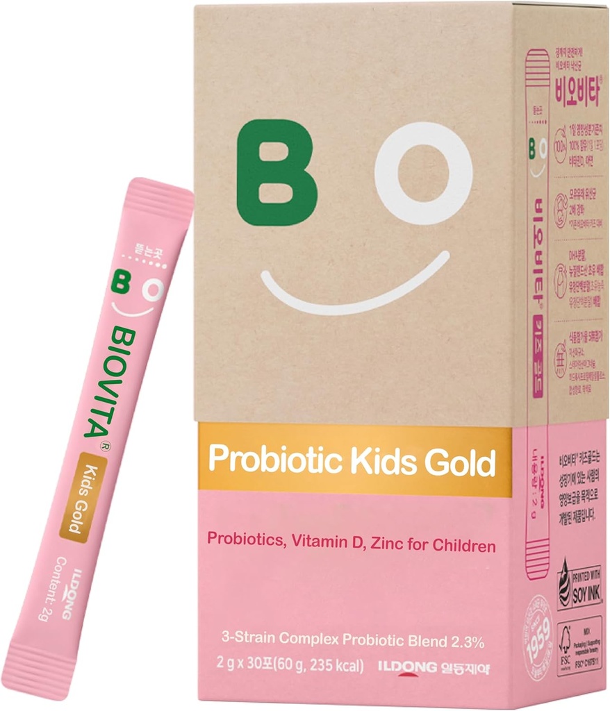 Polvere di probiotici per bambini (30 Sticks, 30 giorni) - Supporto sistema immunitario e digestivo sano, aroma di latte di fragola per bambini 3-12. Bifidobacteria, vitamina D, zinco.