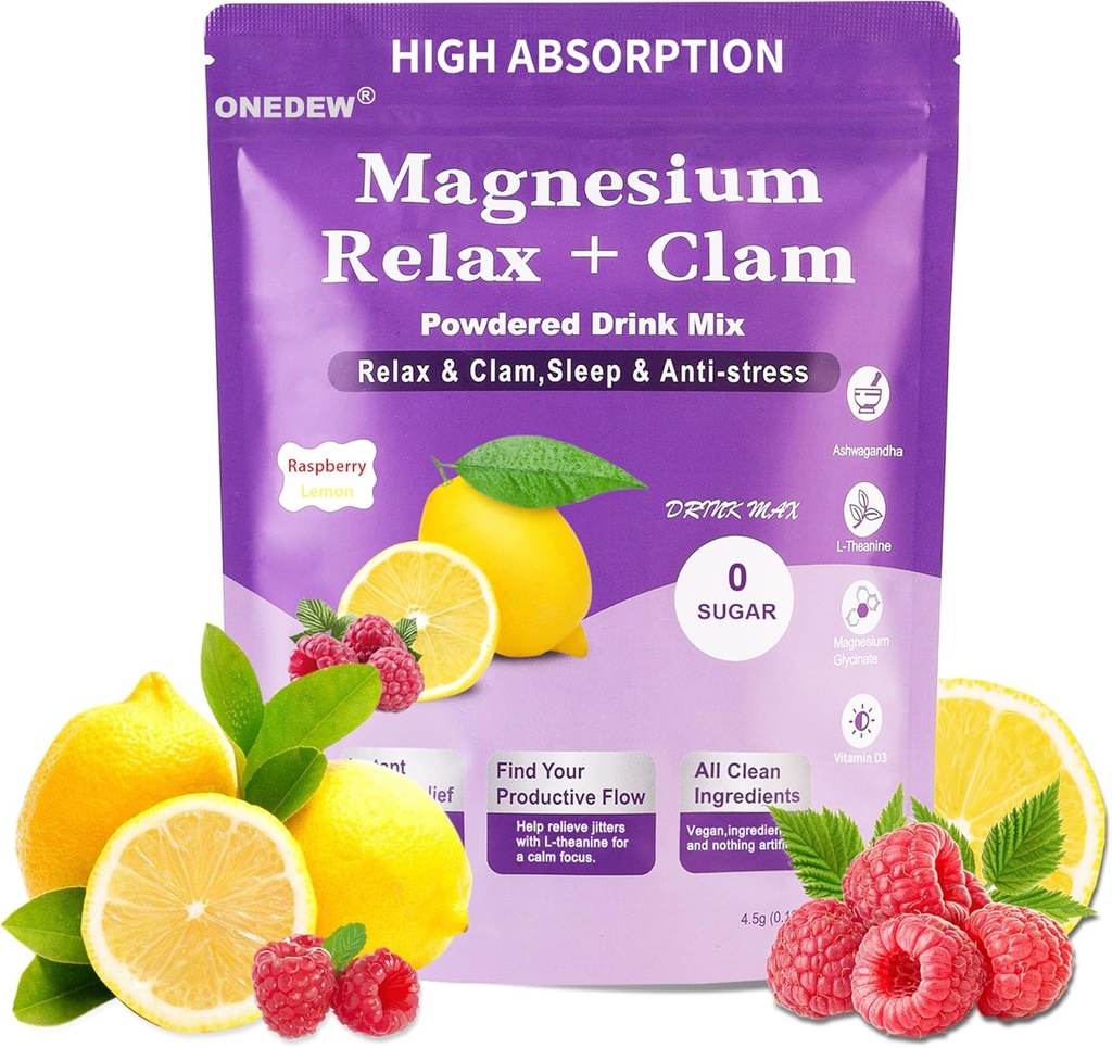 Calm Magnesium Powder,Natural Calm Powdered Drink Cortisol Drink Mix Powder,L-Theanin,Magnesium Glycinate,Ksm-66 Ashwagandha Ergänzungen für Anti-Stress Entspannung Schlaf-20 Paket