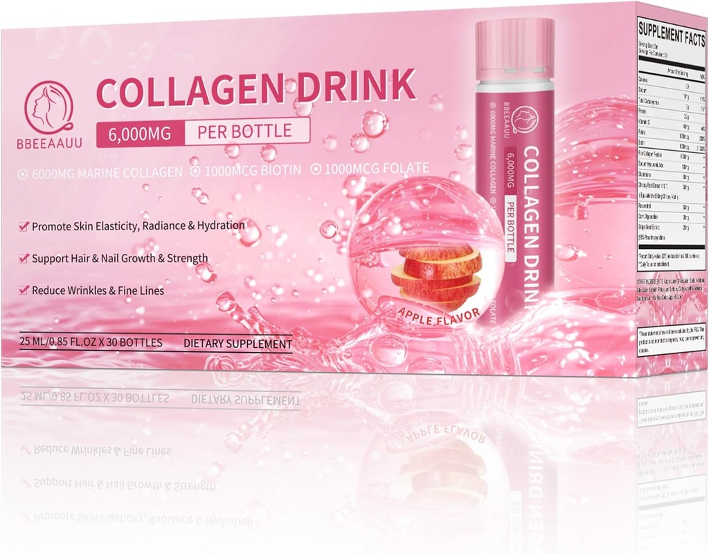 Collagène boisson 6000mg Peptides de collagène marin, Collagène liquide pour les femmes avec l'acide hyaluronique, vitamine C, suppléments de collagène soutenir la peau, cheveux et ongles, 0,85 Fl.Oz x30 bouteilles, saveur de pomme