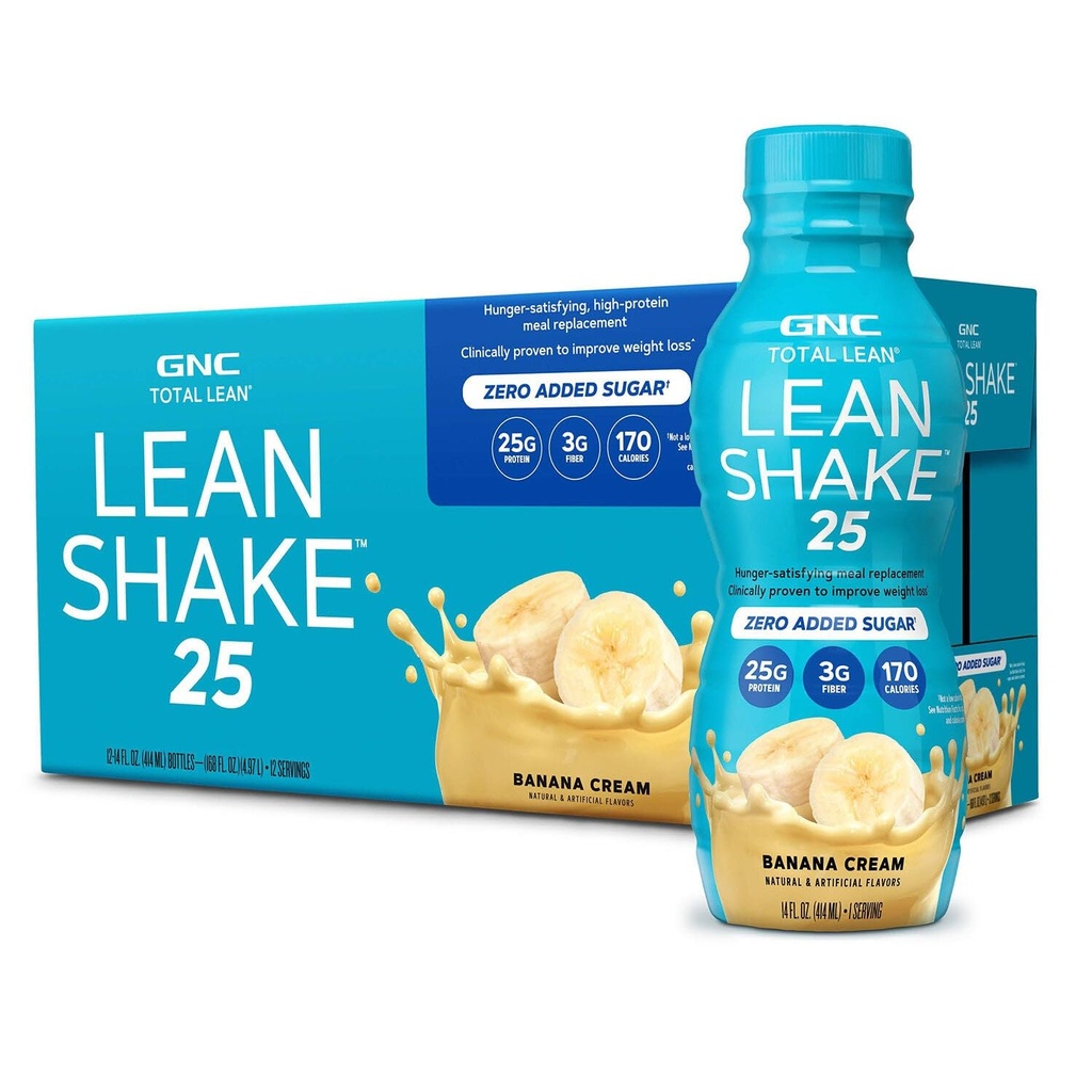 GNC Lean Shake 25 Protein Shake, Gestion cliniquement prouvée du poids, Remplacement des repas, 25g de protéines avec du sucre ajouté zéro, prêt à boire, Crème de banane, Paquet de 12