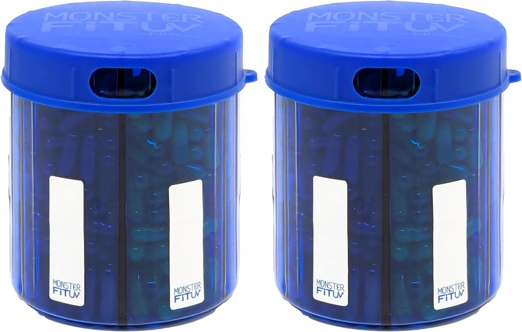 Monster Jr Ergänzung Pillenspender auf Etiketten - hält kleine Medium Medikamente Vitamine und einfach verzichten aus einem Behälter Inklusive Compartment Labels (Monster Jr Blue UV - 2 Pack)