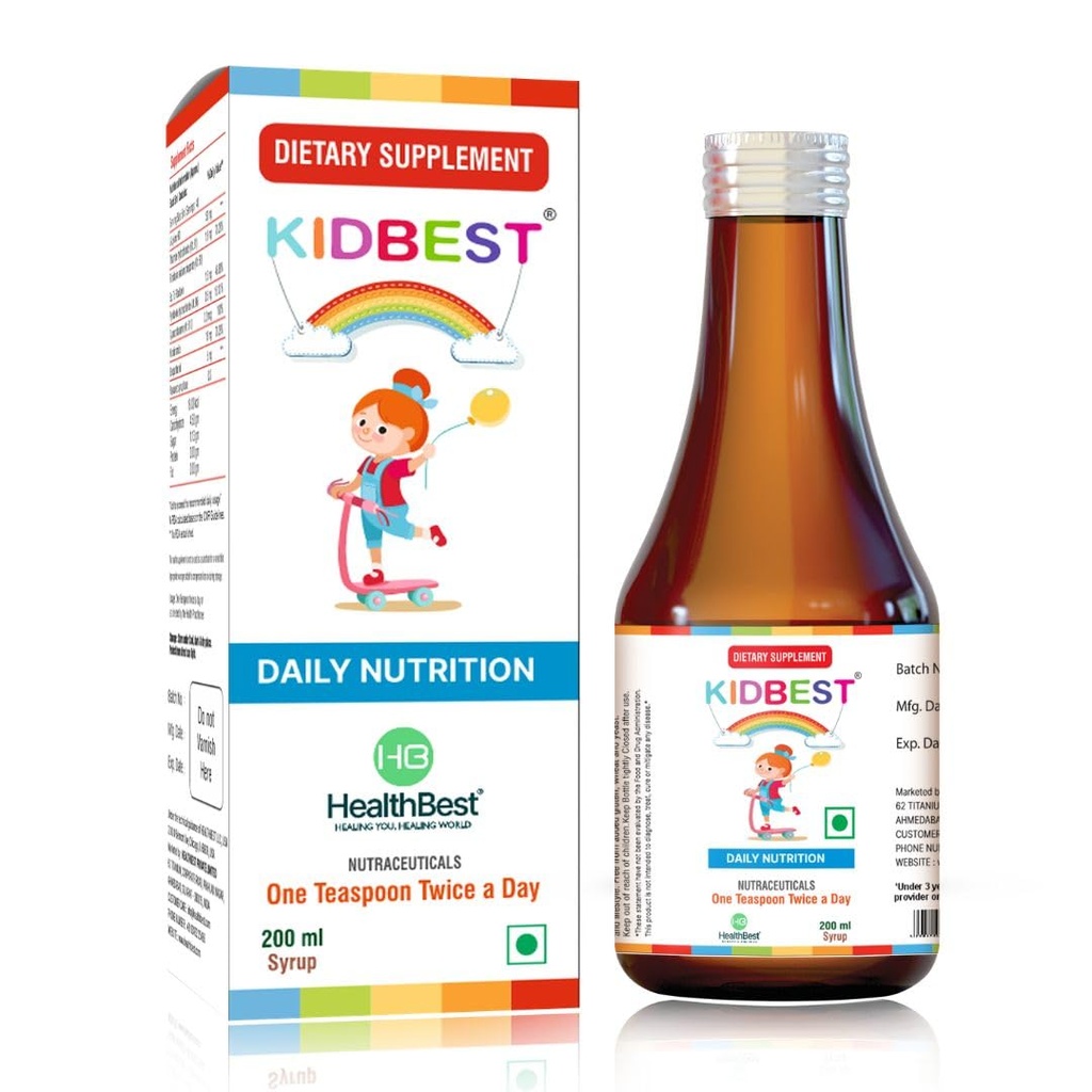 HealthBest Kidbest Appetit Booster für Kinder 3-13 Yrs mit L-Lysine & B Vitamins Syrup, hilft gesunde Gewichtszunahme, Ananas Flavor, erhöht Hunger, Appetite Stimulant, 200ml