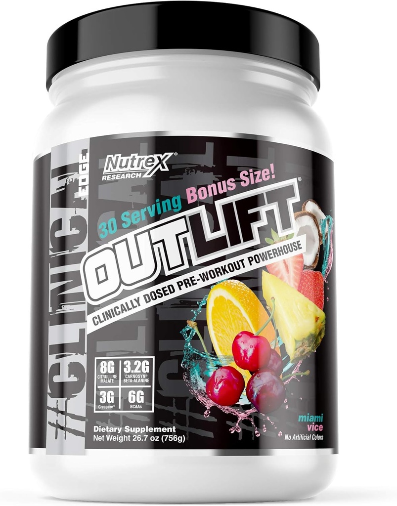 Nutrex Outlift Clinically Dosed Pre Workout Poudre avec Créatine, Citrulline, BCAA, Beta Alanine, Caféine.