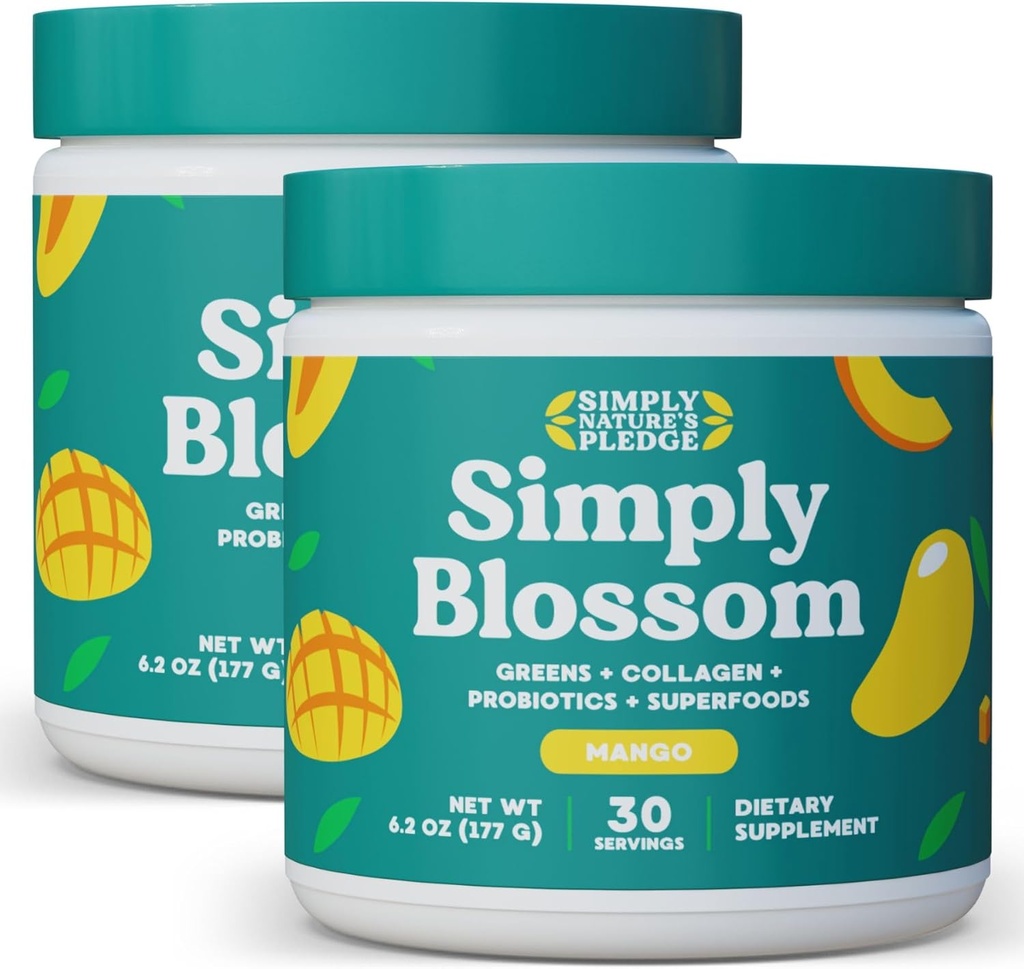 Semplicemente Blossom Nutrition Daily Greens & Superfood Powder + Collagen + Probiotici per la salute digestiva delle donne & Bloating Relief. Aiuto Your Health Bloom - 2 mesi di fornitura - Mango