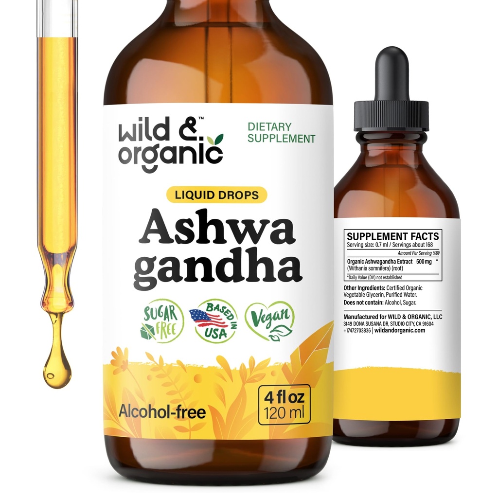 Les gouttes d'Ashwagandha sauvage et biologique - Supplément de soutien de l'humeur avec extrait de racine Ashwagandha - gouttes liquides pour le calme mental - Suppléments de relaxation - sans sucre et sans alcool - 4 fl oz